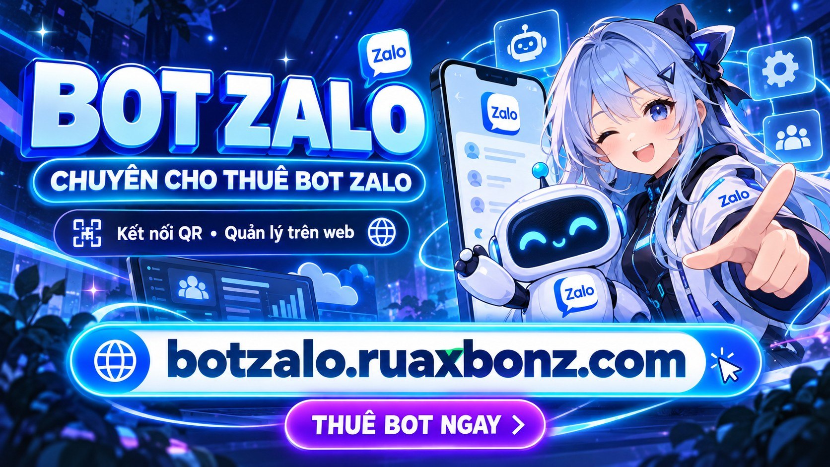 Nhân vật anime cùng bạn bot Zalo trong không gian công nghệ xanh